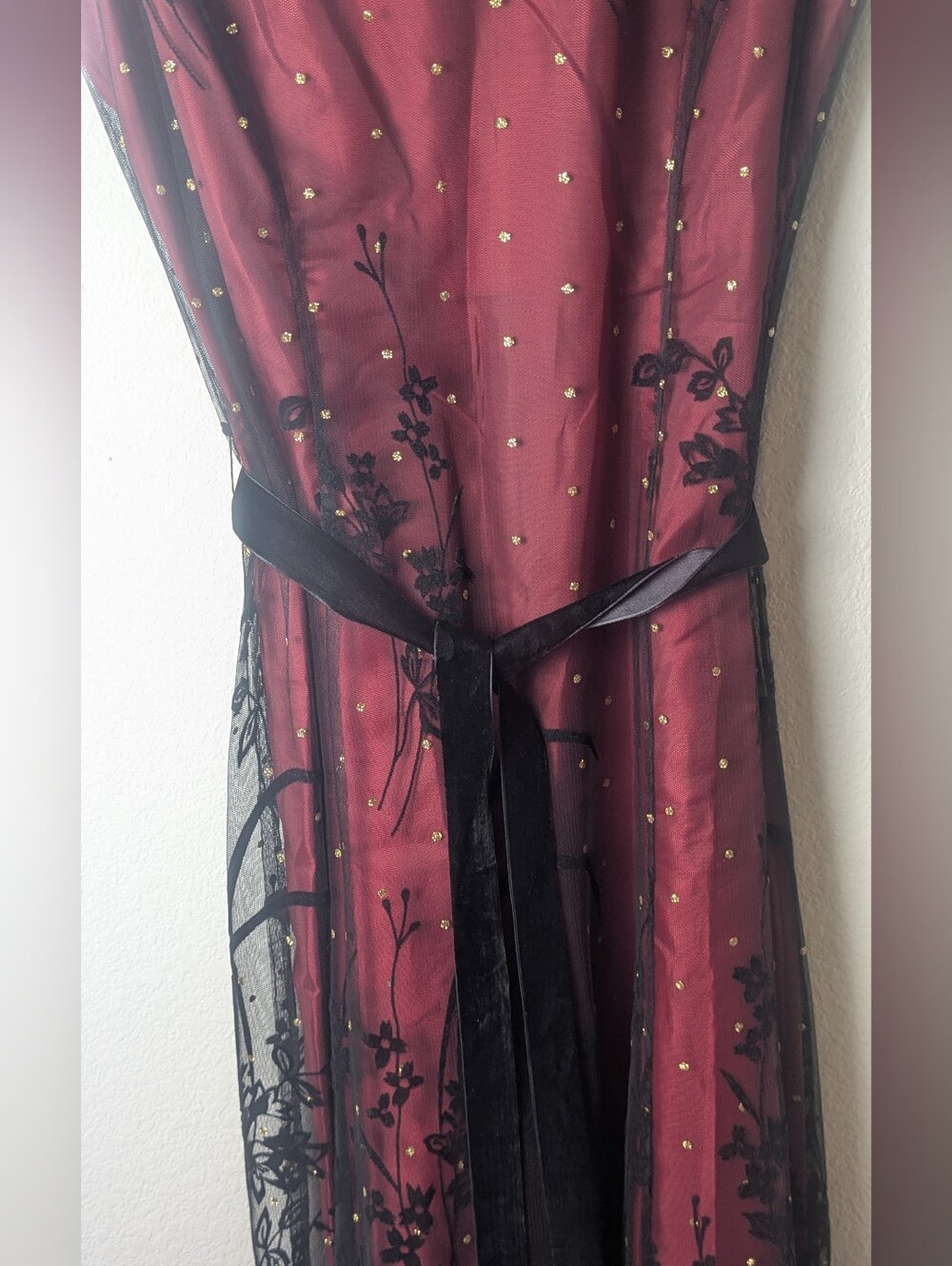 Coldwater Creek P6 Burgundy Black Floral Mesh Overlay Midi Dress - Picture 4 of 10